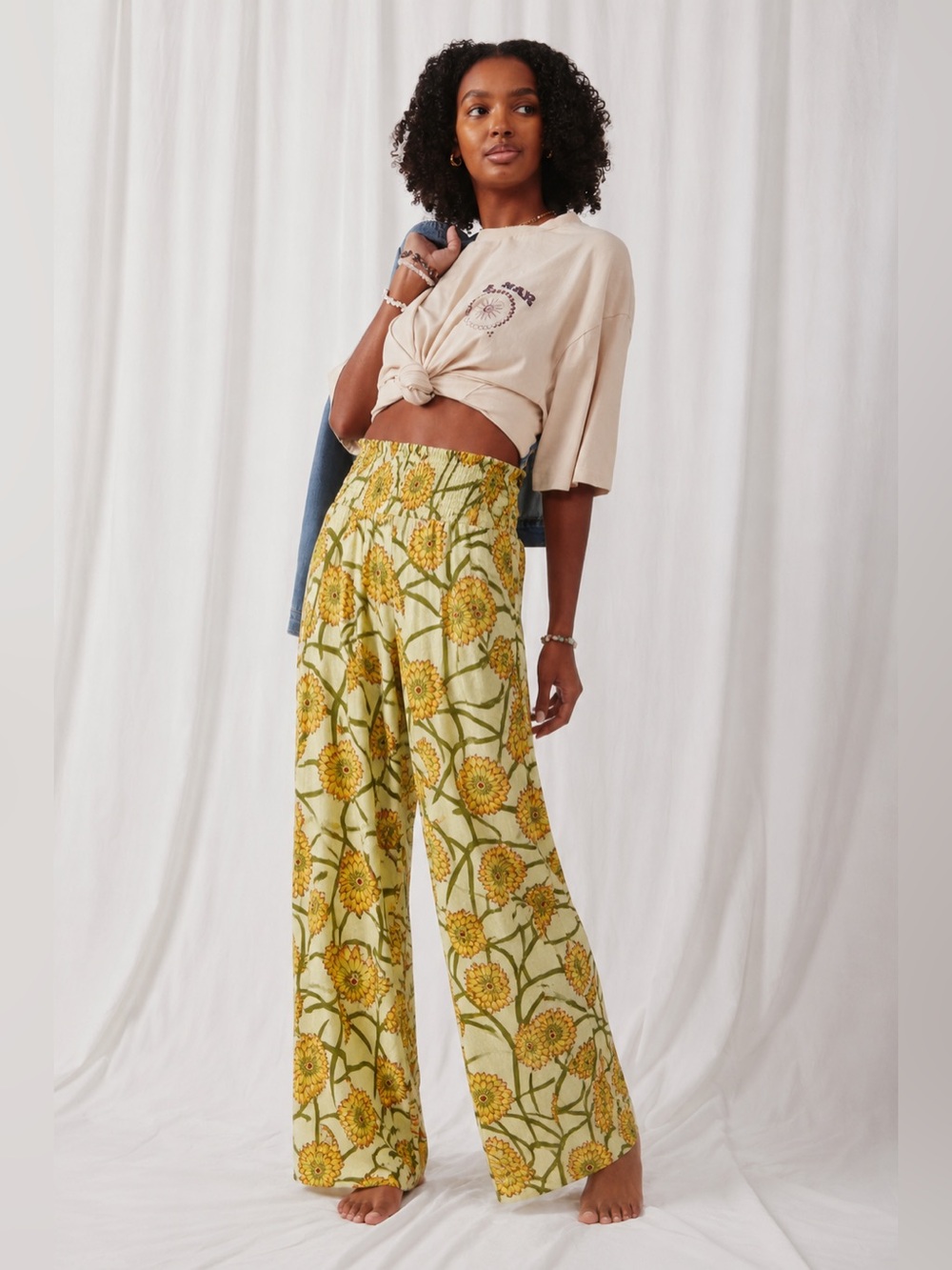 Wu’Side Wide Leg Floral Yellow Pants Cotton Flowy High Rise Elastic Waist 206